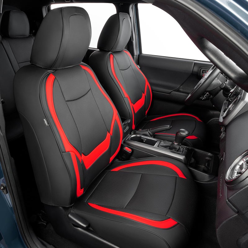DrCarNow Super Cover for Toyota Tacoma Seat Covers 2016 2017 2018 2019 2020 2021 2022 2023 Crew CabDouble Cab Black and Red Waterproof for Tacoma Leather AccessoriesNot Fit The 4th Gen