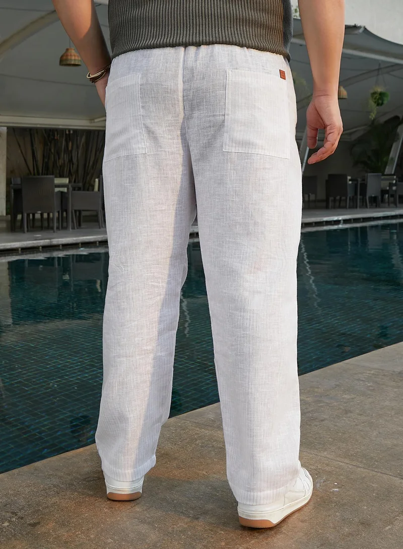 Instafab Plus Instafab Plus Men's Daisy White Pinstriped Casual Trousers For Casual Wear | Mid-Rise | Regular Fit | Button Closure | Plus Size Trousers Crafted With Comfort Fit For Everyday Wear