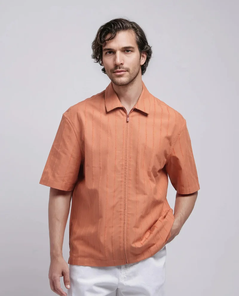 Rare Rabbit Rare Rabbit Men's Tenerz Rust Cotton Fabric Half Sleeve Spread Collar Boxy Fit Striped Shirt