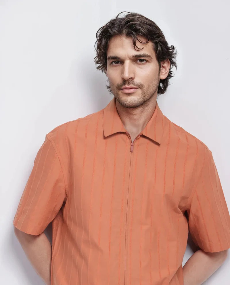 Rare Rabbit Rare Rabbit Men's Tenerz Rust Cotton Fabric Half Sleeve Spread Collar Boxy Fit Striped Shirt