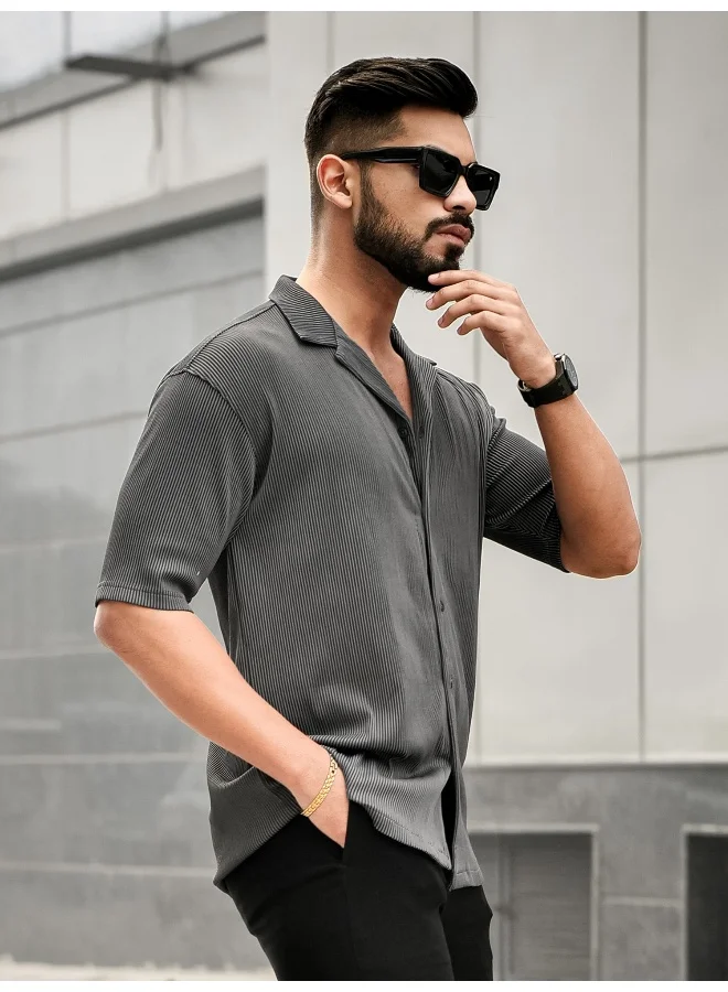 Maniac Maniac Mens Stripe Textured Collared Neck Half Sleeve Grey Polyester Shirt