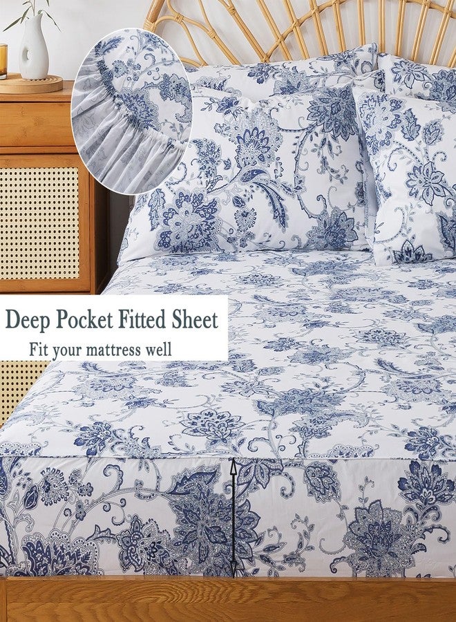 FADFAY Queen Sheets Set Percale Cotton Floral Bed Sheets Deep Pocket Fitted Sheet, Luxury Blue Floral Pattern Classic European Style Bedding for All Season, Super Soft Crisp & Breathe,4Pcs - Image 3