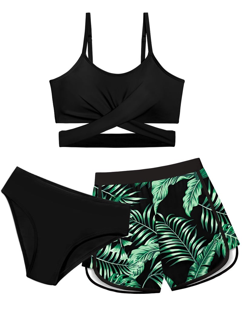 Dearnow Girls Swimsuit Size 14 16 Swimsuits for Teen Criss Cross Bathing Suits 14-16 Black Tropical Print 3 Piece Bikini Teen Girls' Swimwear with Shorts - Image 1