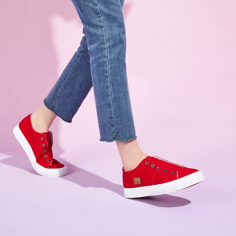 XRH Women's Slip on Shoes Non Slip Fashion Canvas Sneakers Low Top Casual Shoes(Red,US8) - Image 3