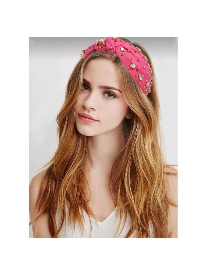 CEALXHENY Crystal Knotted Headbands for Women Sparkly Rhinestone Jeweled Headbands Wide Gold Beads Embellished Hairbands Summer Beach Hair Accessories (Rose Red) - Image 2