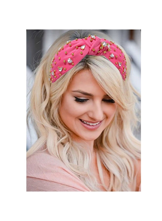 CEALXHENY Crystal Knotted Headbands for Women Sparkly Rhinestone Jeweled Headbands Wide Gold Beads Embellished Hairbands Summer Beach Hair Accessories (Rose Red) - Image 3