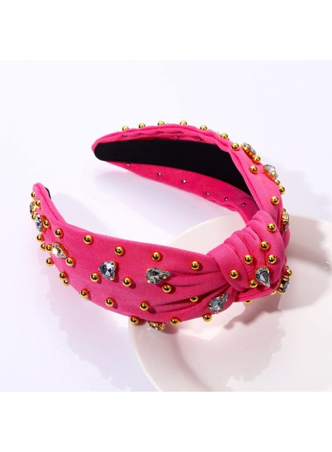 CEALXHENY Crystal Knotted Headbands for Women Sparkly Rhinestone Jeweled Headbands Wide Gold Beads Embellished Hairbands Summer Beach Hair Accessories (Rose Red) - Image 5