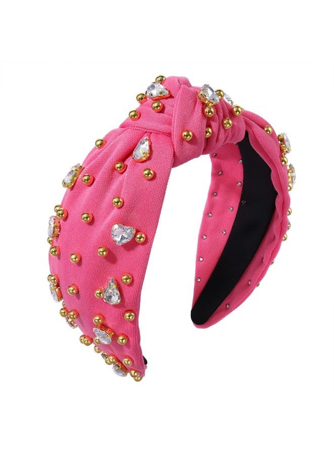 CEALXHENY Crystal Knotted Headbands for Women Sparkly Rhinestone Jeweled Headbands Wide Gold Beads Embellished Hairbands Summer Beach Hair Accessories (Rose Red) - Image 1