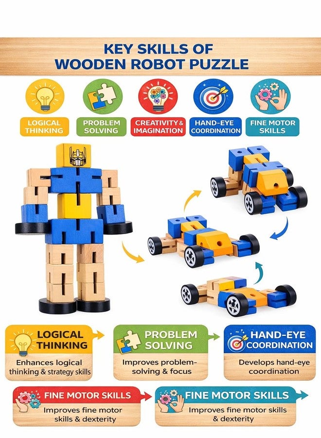 Clazic Wooden Human Robot Puzzle Toy for Kids | Transformable Building Blocks | STEM Educational Toy | Creative DIY Robot & Vehicle Puzzle (Multicolor)(Pack of 1) - Image 5