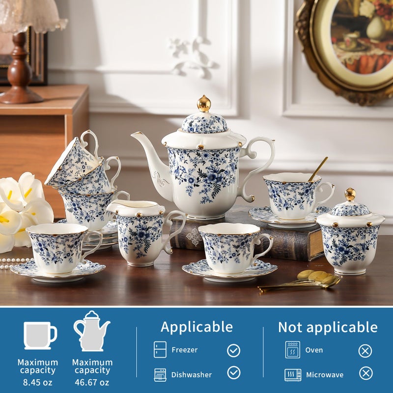 TATSUMI Country Roses Porcelain Tea Set, European Ceramic tea set for adults,Vintage Style, For Women and Tea Parties (BLUE, 21 Pieces Set) - Image 5