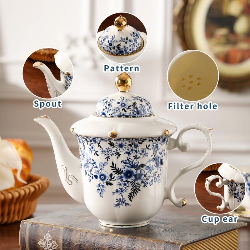 TATSUMI Country Roses Porcelain Tea Set, European Ceramic tea set for adults,Vintage Style, For Women and Tea Parties (BLUE, 21 Pieces Set) - Image 4