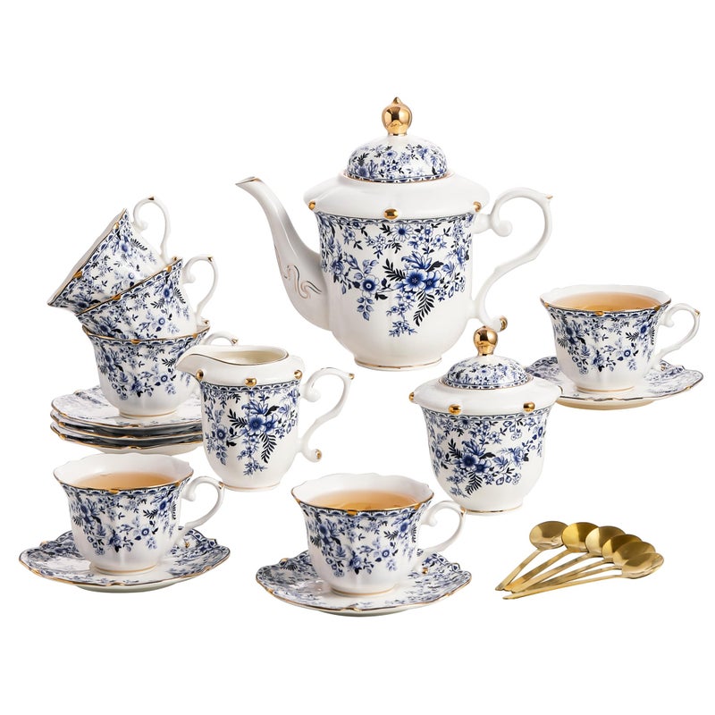 TATSUMI Country Roses Porcelain Tea Set, European Ceramic tea set for adults,Vintage Style, For Women and Tea Parties (BLUE, 21 Pieces Set) - Image 1
