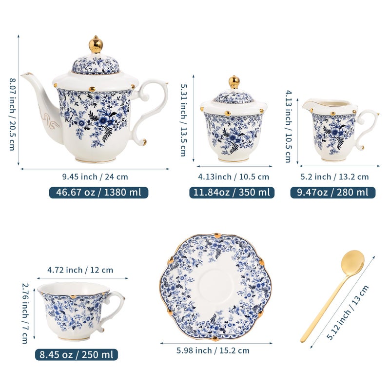 TATSUMI Country Roses Porcelain Tea Set, European Ceramic tea set for adults,Vintage Style, For Women and Tea Parties (BLUE, 21 Pieces Set) - Image 3