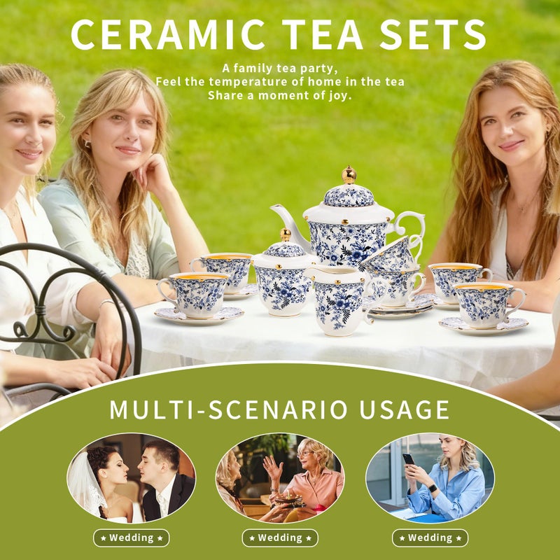 TATSUMI Country Roses Porcelain Tea Set, European Ceramic tea set for adults,Vintage Style, For Women and Tea Parties (BLUE, 21 Pieces Set) - Image 2