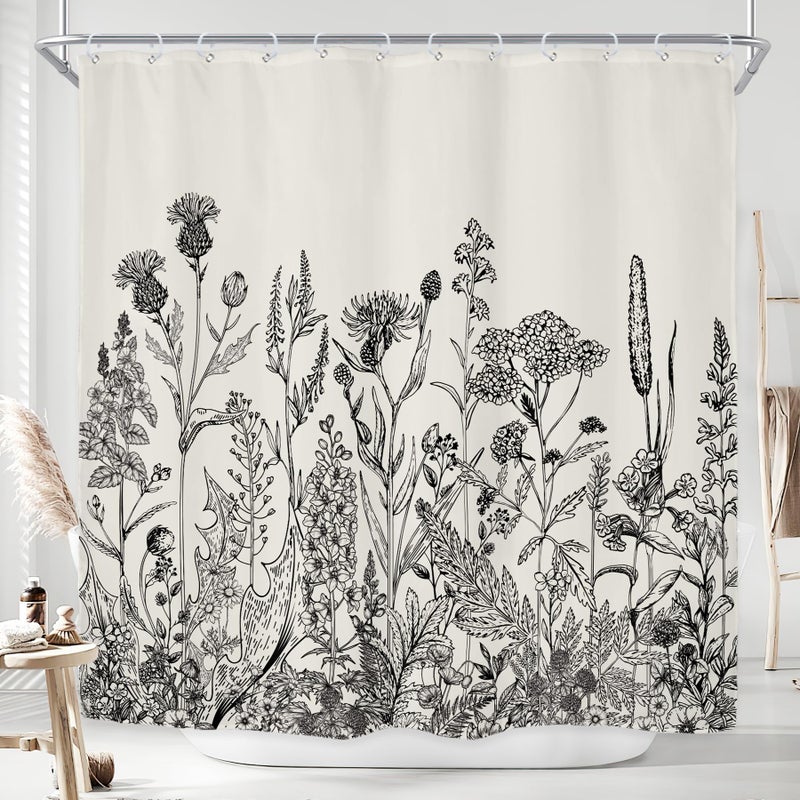 Riyidecor Wild Floral Shower Curtain Botanical Flower Plant Herbs Tulip Nature Blossom Wildflower Leaf Sketch Waterproof Fabric 72Wx72H Inch Polyester Bathroom Bathtub Decoration 12 Pack Plastic Hooks