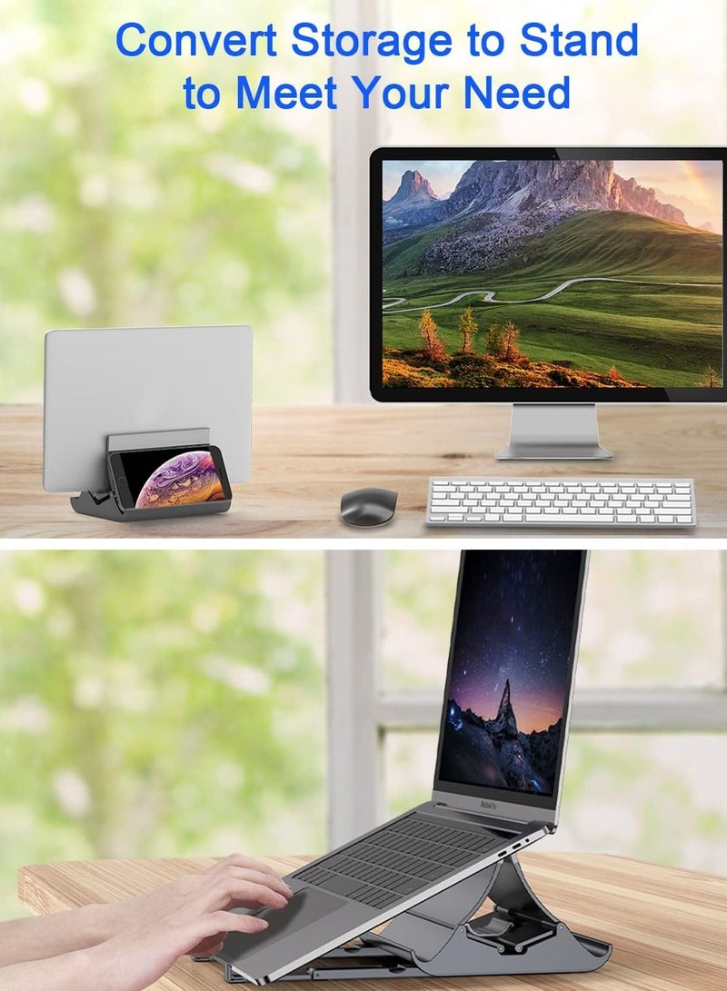Captaintech Vertical Laptop Stand, 4 in 1 Laptop Stand with Gravity Locking Laptop Holder Dock for Table Desktop Organizer and Desk Storage, Fits All MacBook, iPad, Dell, Gaming Laptops, Gray - Image 2