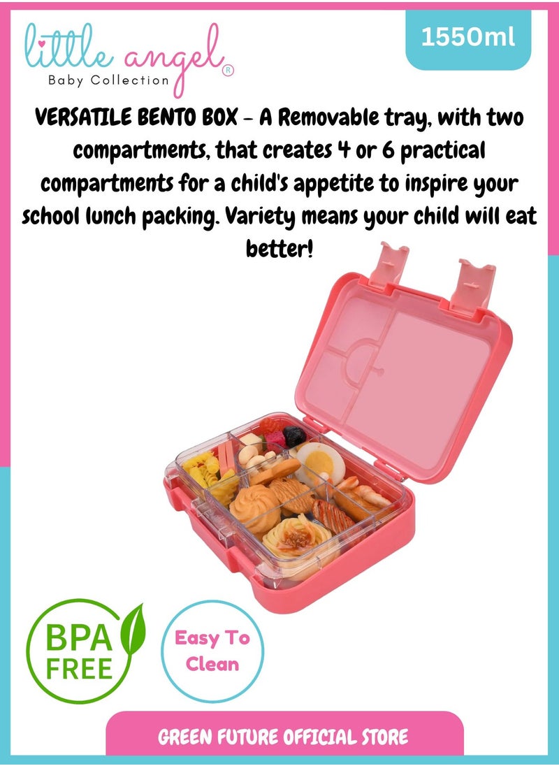 Little Angel - Kids Lunch Box - 6 Compartment Leak Proof Bento Box, Perfect for School- Pink - Image 1