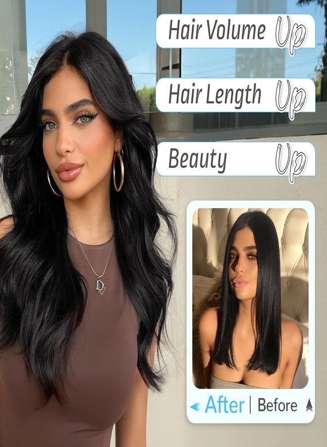 كوكا ستايل وصلات شعر كوكا ستايل غير المرئية، وصلات شعر صناعية طويلة مموجة متعددة الطبقات مع سلك شفاف، مقاس قابل للتعديل، 6 مشابك تثبيت، قطع شعر سوداء للنساء، 16 بوصة - Image 3