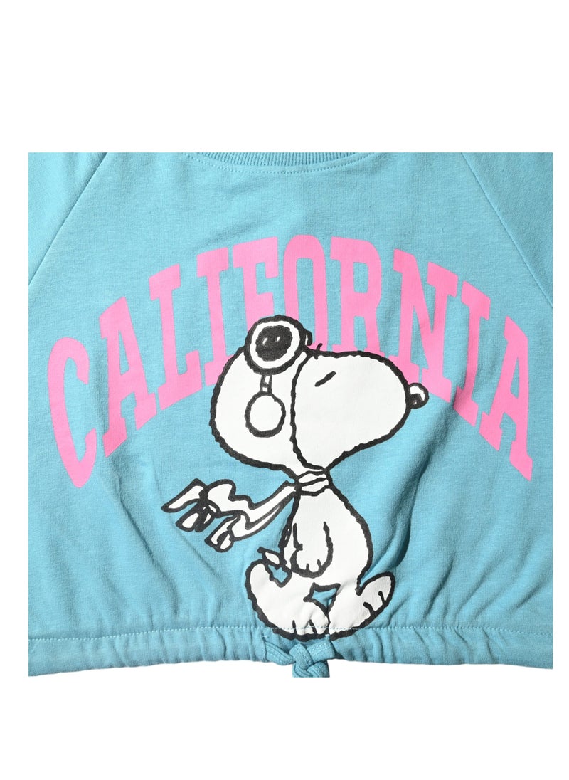 Peanuts Snoopy California Graphic Cropped Sweatshirt for Girls, 100% Cotton, Light Blue  - Image 2