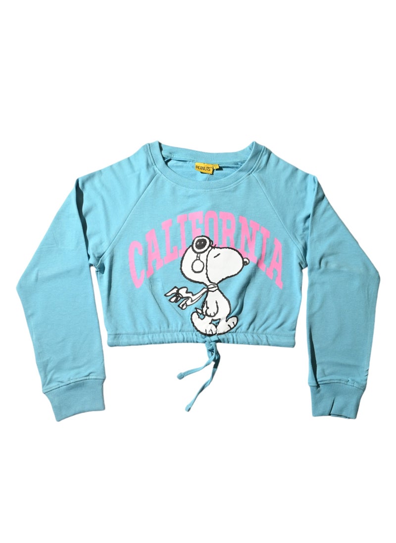 Peanuts Snoopy California Graphic Cropped Sweatshirt for Girls, 100% Cotton, Light Blue  - Image 1
