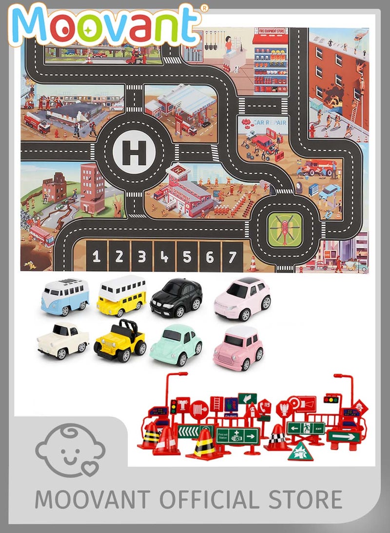 موفانت مجموعة ألعاب المركبات، مع حصيرة اللعب وألعاب إشارات المرور، ومحاكاة مجموعة شاحنة الإطفاء الحضرية، وتفكيك وتجميع سيارة لعبة المسار، وألعاب إكسسوارات السيارات، هدية عيد ميلاد للأطفال - Image 1