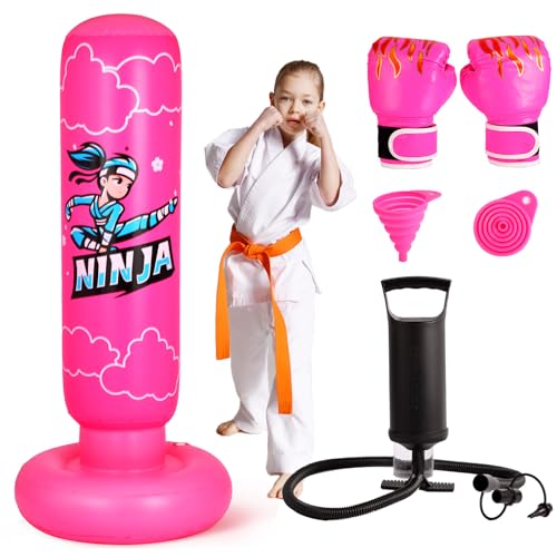 Onirii Kids Punching Bag Toy with Boxing Gloves66 Inch Larger Stable Updated 4in1 Ninja Kids Inflatable Boxing Bag SetGifts for Boys Girls Age 512 for TaekwondoMMA and Practicing Karate - Image 1