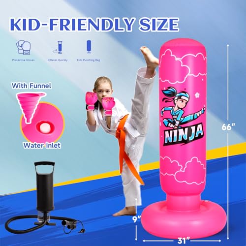 Onirii Kids Punching Bag Toy with Boxing Gloves66 Inch Larger Stable Updated 4in1 Ninja Kids Inflatable Boxing Bag SetGifts for Boys Girls Age 512 for TaekwondoMMA and Practicing Karate - Image 3