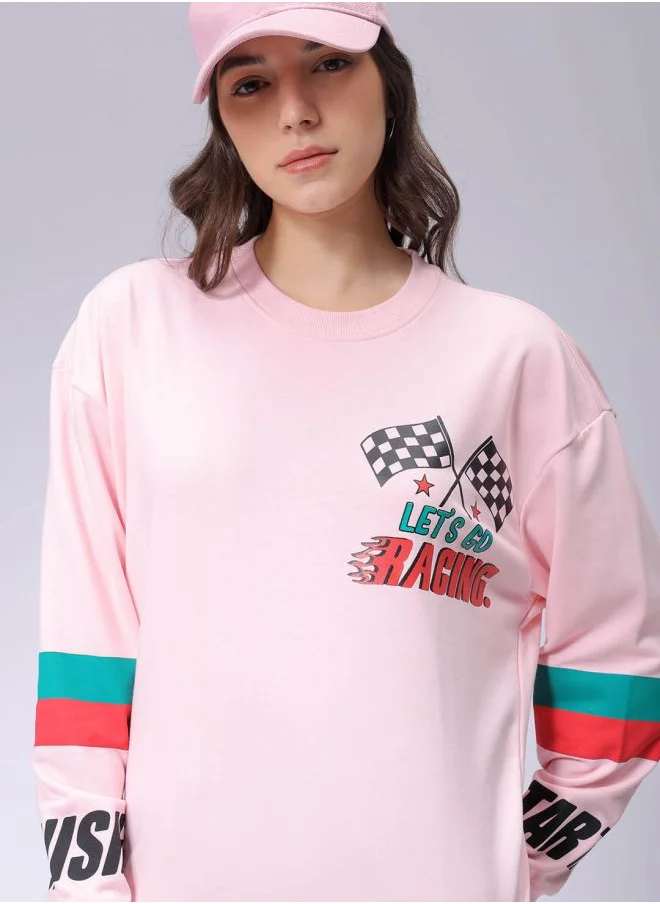 مرفوعة Women Boxy Pink Printed Round Neck Long Sleeve Sweatshirt