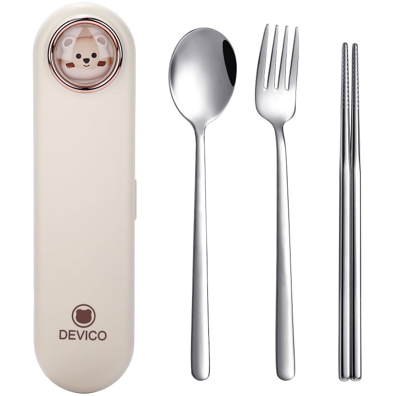 DEVICO Travel Utensils with Case Cute, Reusable Silverware for Lunch, Portable Cutlery Set, 18/8 Stainless Steel Fork Spoon Chopsticks in Cartoon Case, Dishwasher Safe (Light Yellow) - Image 1