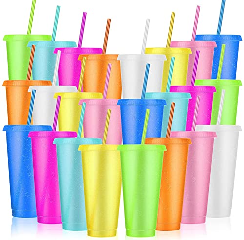 LEIFEOSH 24 Pack Plastic Tumblers with Lids and Straw, Reusable Cups with Lids and Straws Colorful Cups for Cold Drink Iced Coffee, Plastic Tumbler Bulk for Party Birthday Gifts (24 oz, Light Colors) - Image 1