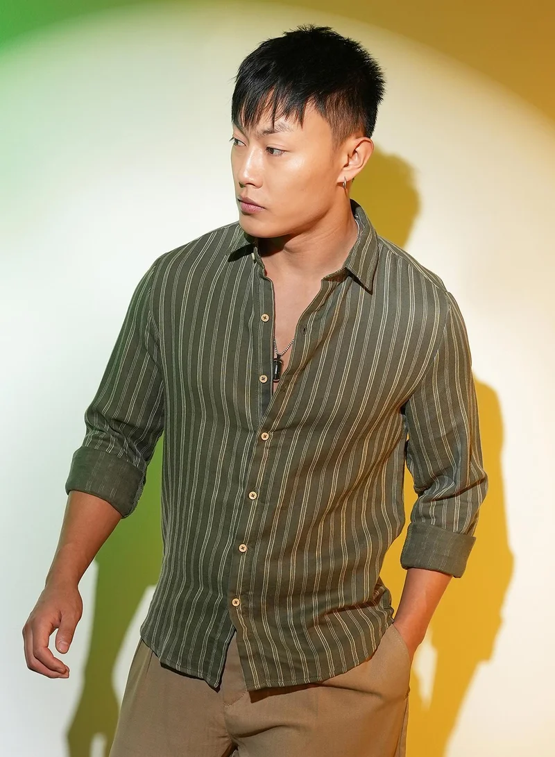 Campus Sutra Men's Moss Green Halo Striped Shirt