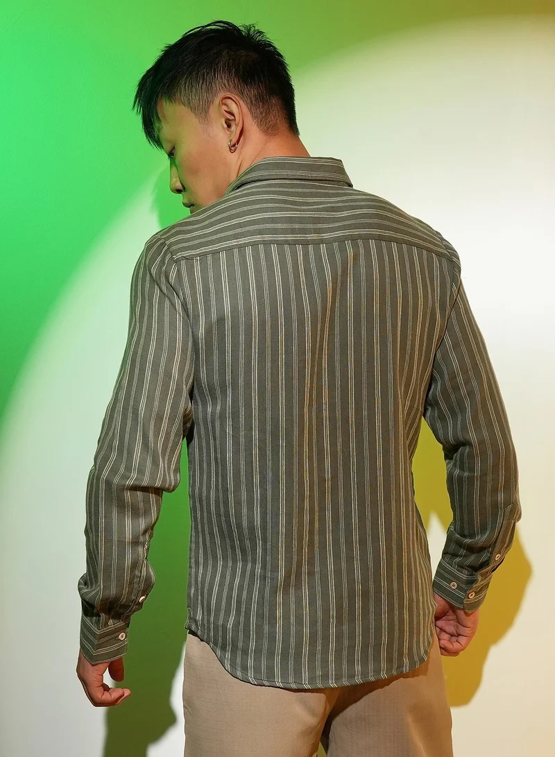 Campus Sutra  Men's Moss Green Halo Striped Shirt for Men | Best Price UAE