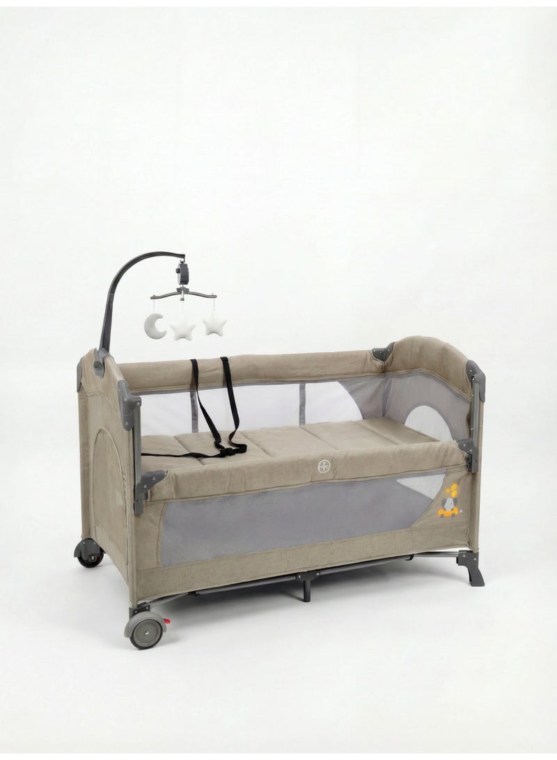 Cool Baby 2-Level Foldable Baby Travel Cot Bedside Sleeper with Mosquito Net, Diaper Changer, Music Bell & Soundproof Wheels – Portable Playard - Image 5