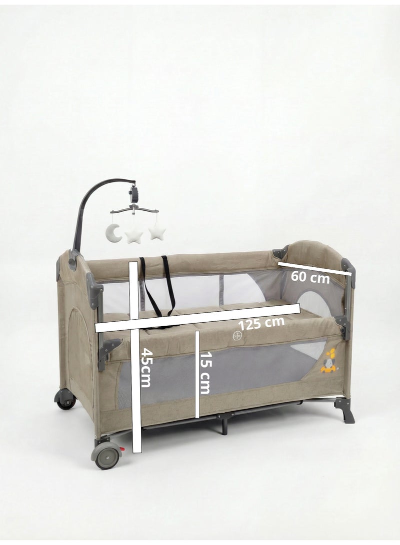 Cool Baby 2-Level Foldable Baby Travel Cot Bedside Sleeper with Mosquito Net, Diaper Changer, Music Bell & Soundproof Wheels – Portable Playard - Image 1