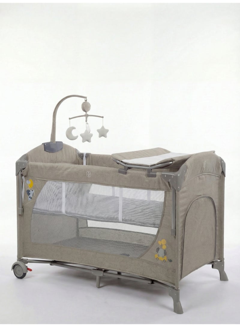 Cool Baby 2-Level Foldable Baby Travel Cot Bedside Sleeper with Mosquito Net, Diaper Changer, Music Bell & Soundproof Wheels – Portable Playard - Image 4