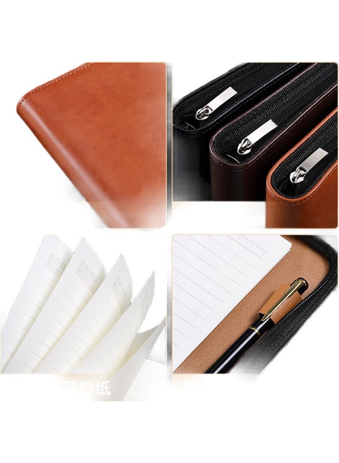 Shen Shi Shen 16Mo Business Leather Zipper Notebook With Loose-Leaf Pages, Card Slots, Manager Clip, 9-Hole Refillable Pages, Customizable 16716 Brown Yellow - Image 1