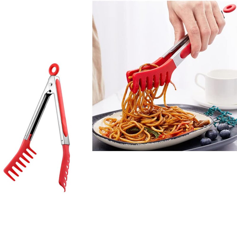 Jilukibo Red Stainless Steel Pasta Tong Large 13"" Stainless Steel Spaghetti Tongs Comfortable Grip Design Pasta Server Utensil For Noodles Kitchen Cooking Baking Tools - Image 5