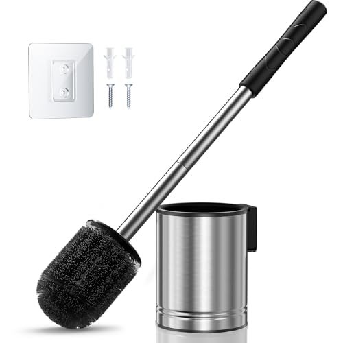 HAMITOR Toilet Bowl Brush Set Compact SpaceSaving Design with Hidden Holder for Small Bathrooms Apartments RVs Bathroom Cleaning Accessories Rustproof Toilet Scrubber Cleaner Kits Silver - Image 1