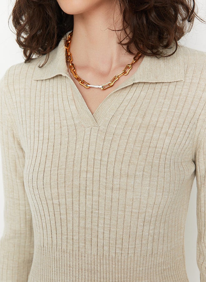 trendyol Beige Midi Knitwear Polo Neck Dress TWOAW22EL1376 - Image 4