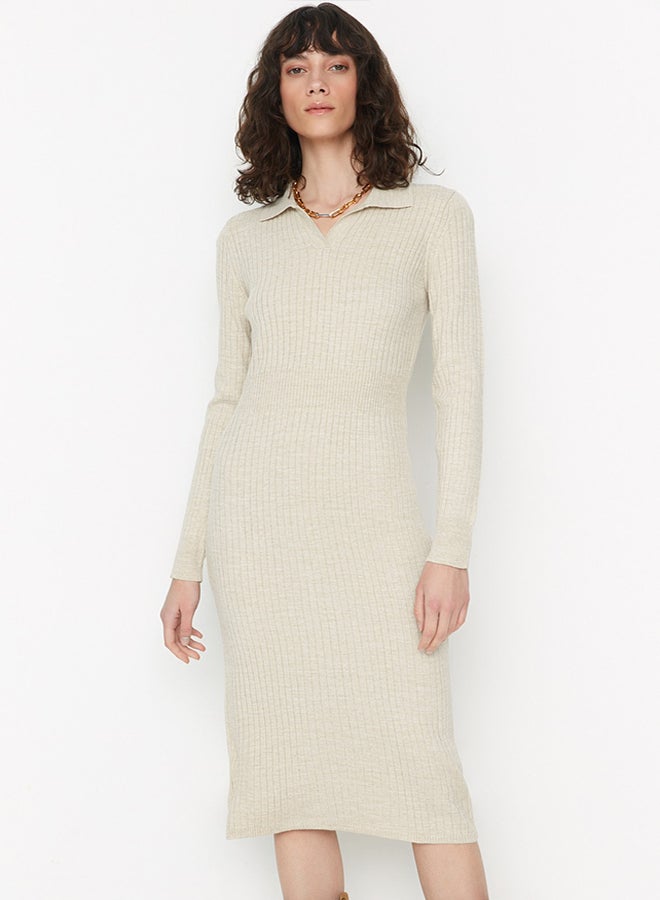 trendyol Beige Midi Knitwear Polo Neck Dress TWOAW22EL1376 - Image 2