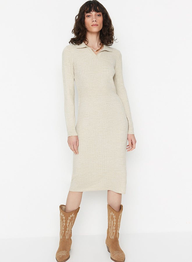 trendyol Beige Midi Knitwear Polo Neck Dress TWOAW22EL1376 - Image 3