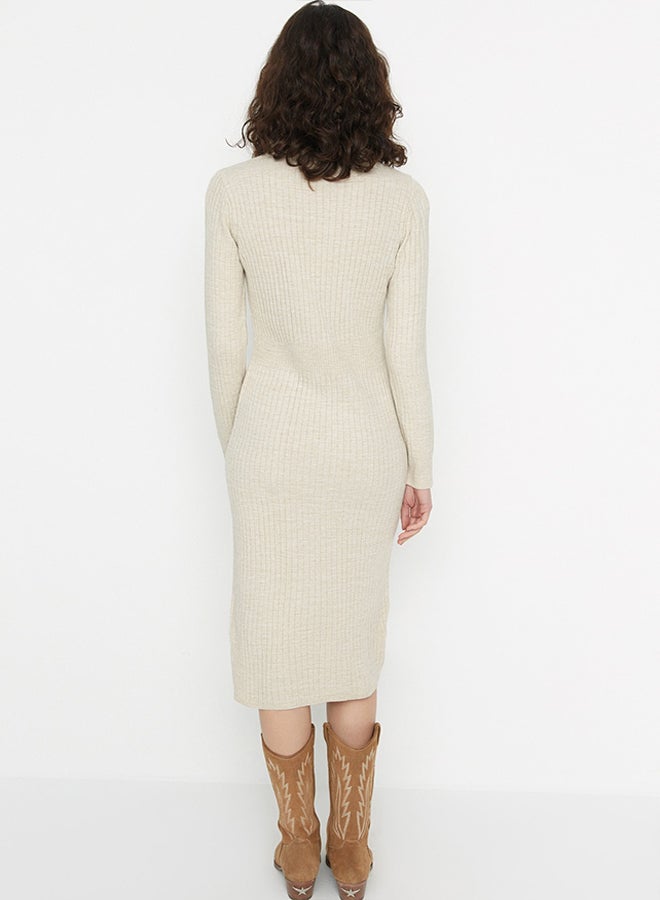 trendyol Beige Midi Knitwear Polo Neck Dress TWOAW22EL1376 - Image 5