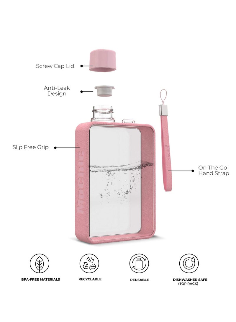KASTWAVE Water Bottle, Flat Portable Travel Mug Handbag Slim Cold Plastic Flask, BPA Free A5 Leak Proof Water Bottle for Sports, Camping, Gym, Fitness, Outdoor 380ml  Pink  - Image 2