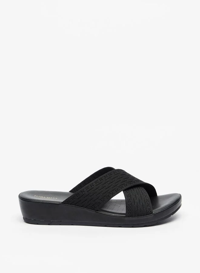 Flora Bella By Shoexpress Textured Slip-On Cross Strap Sandals with Wedge Heels