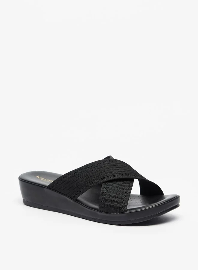 Flora Bella By Shoexpress Textured Slip-On Cross Strap Sandals with Wedge Heels