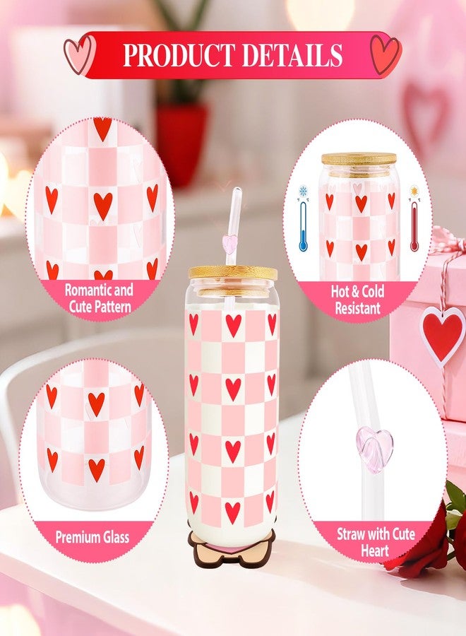 Lingdeer Valentine’s Day Glass Cups with Lids and Straws, Valentines Day Gifts for Her Women Girls Teens Daughters, 16oz Red Heart Iced Coffee Glass Cups Tumbler Mug Decorations Accessories Stuff - Image 5