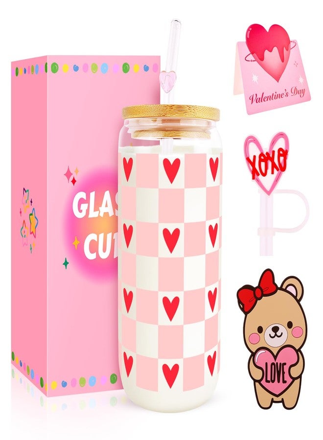 Lingdeer Valentine’s Day Glass Cups with Lids and Straws, Valentines Day Gifts for Her Women Girls Teens Daughters, 16oz Red Heart Iced Coffee Glass Cups Tumbler Mug Decorations Accessories Stuff - Image 1