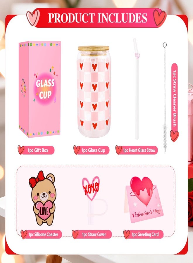 Lingdeer Valentine’s Day Glass Cups with Lids and Straws, Valentines Day Gifts for Her Women Girls Teens Daughters, 16oz Red Heart Iced Coffee Glass Cups Tumbler Mug Decorations Accessories Stuff - Image 2