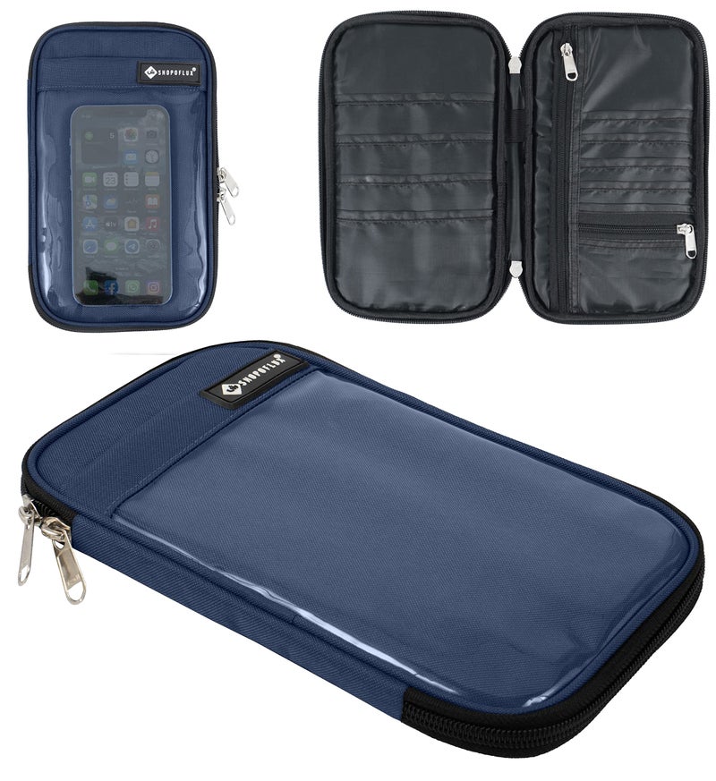 SHOPOFLUX Polyester Travel Passport Cover Organizer With Mobile Holder And Hand Strap For Men And Women (Blue) - Image 1