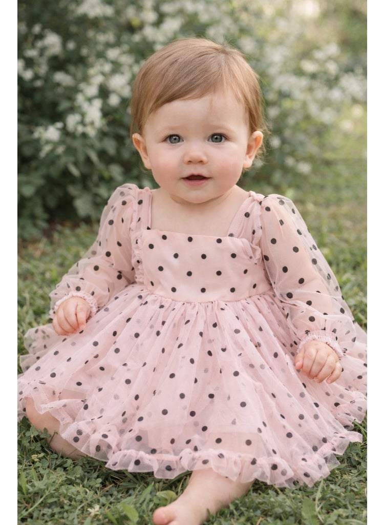Baby Girl Polka Dot Tulle Dress – Long Sleeve Pink Party Dress for Toddlers | Elegant Kids Occasion Wear - Image 1